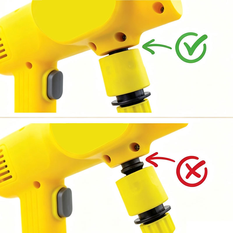 Installation guide diagram showing right and wrong assembling way for high‑pressure washer hose connector