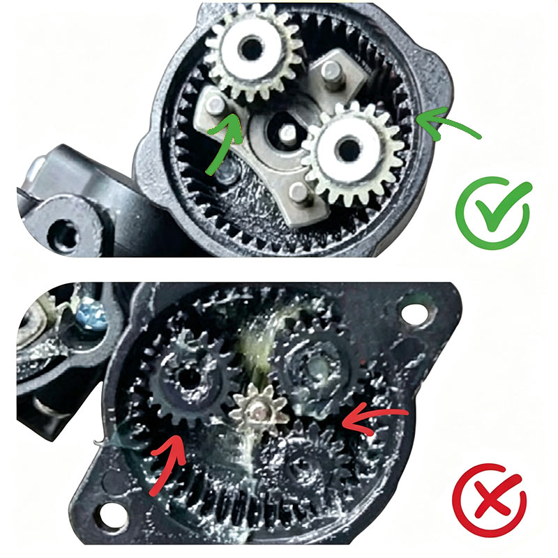 High‑quality metal gear vs low‑grade plastic gear inside cordless car washing gun, quality difference comparison for bulk buyers.